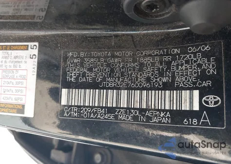 2006 Toyota Corolla Le z USA, uszkodzony, nr VIN JTDBR32E760096193